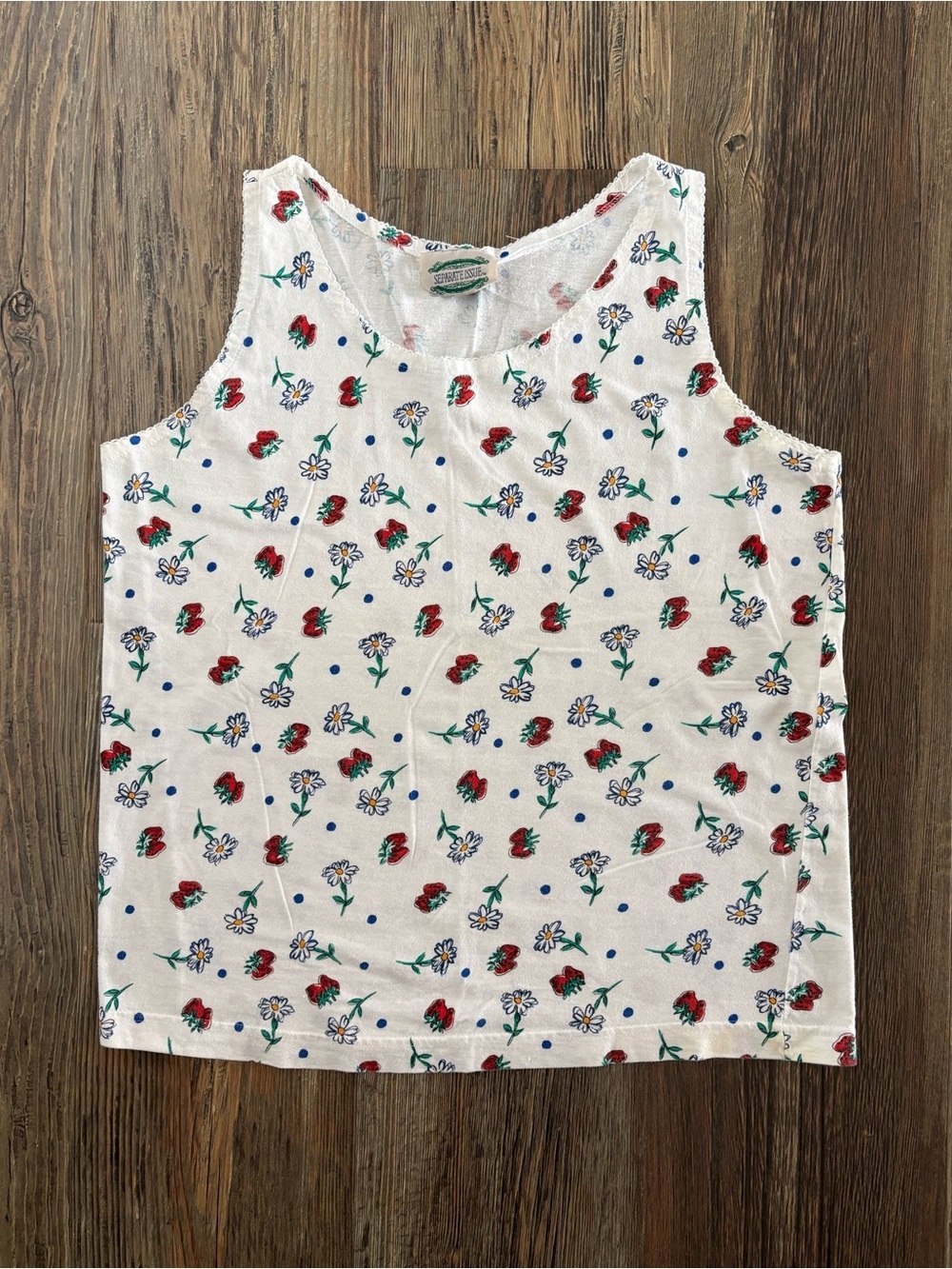 Vtg Separate Issue Tank Top Womens NO SIZE (19” P2P) White Flowers Strawberries